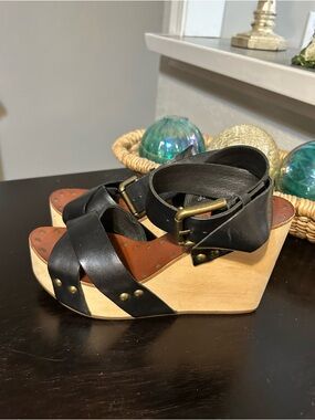 Maje Wooden Wedged Black Leather Ankle Wrap Sandals Size 38